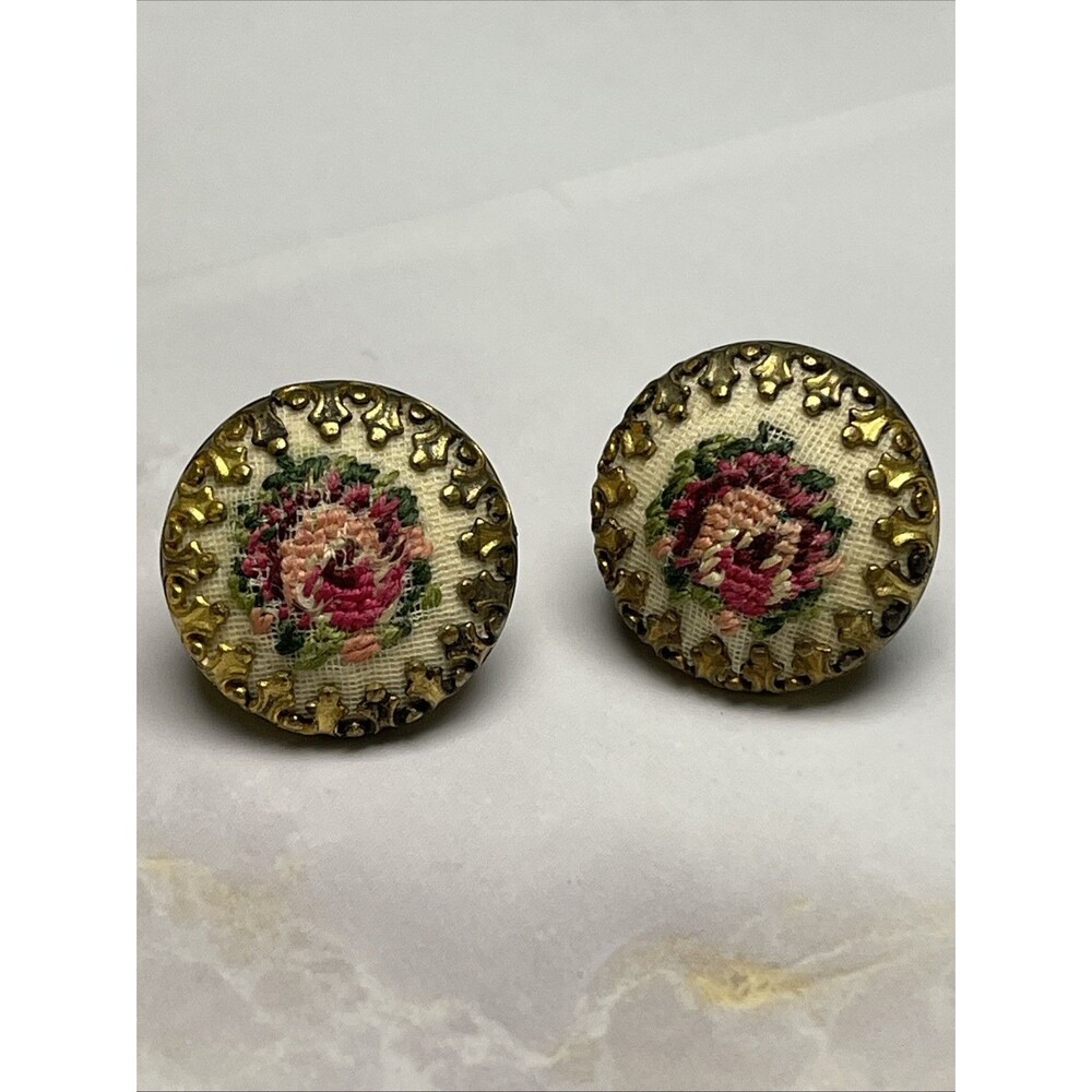 Vintage Clip On Floral Tapestry Earrings